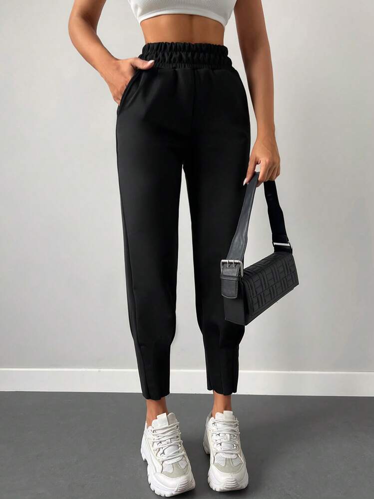 RueChic Elastic Waist Slant Pocket Pants - Black - View 3