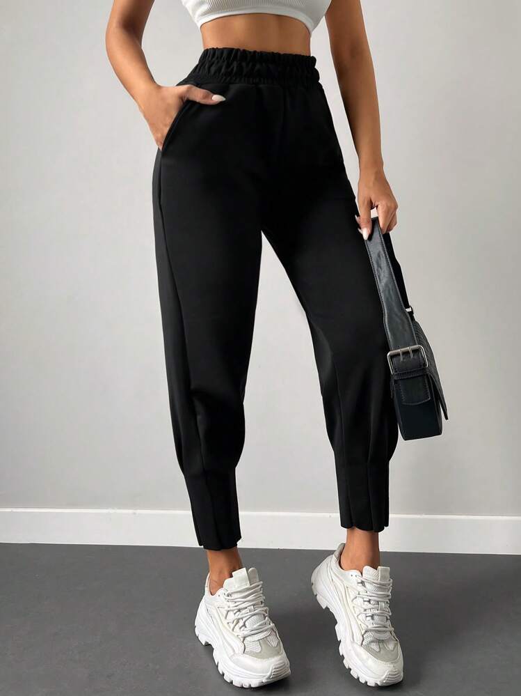 RueChic Elastic Waist Slant Pocket Pants - Black - View 4