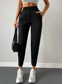 SHEIN Cottnline Pantalones de cintura elástica con bolsillo oblicuo - Negro - Ver 5