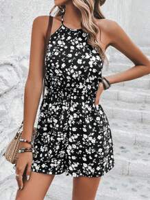 SHEIN VCAY Áo liền quần nữ Chia Buộc lại Hoa Tất cả trên in Boho - Đen và trắng - Xem 3
