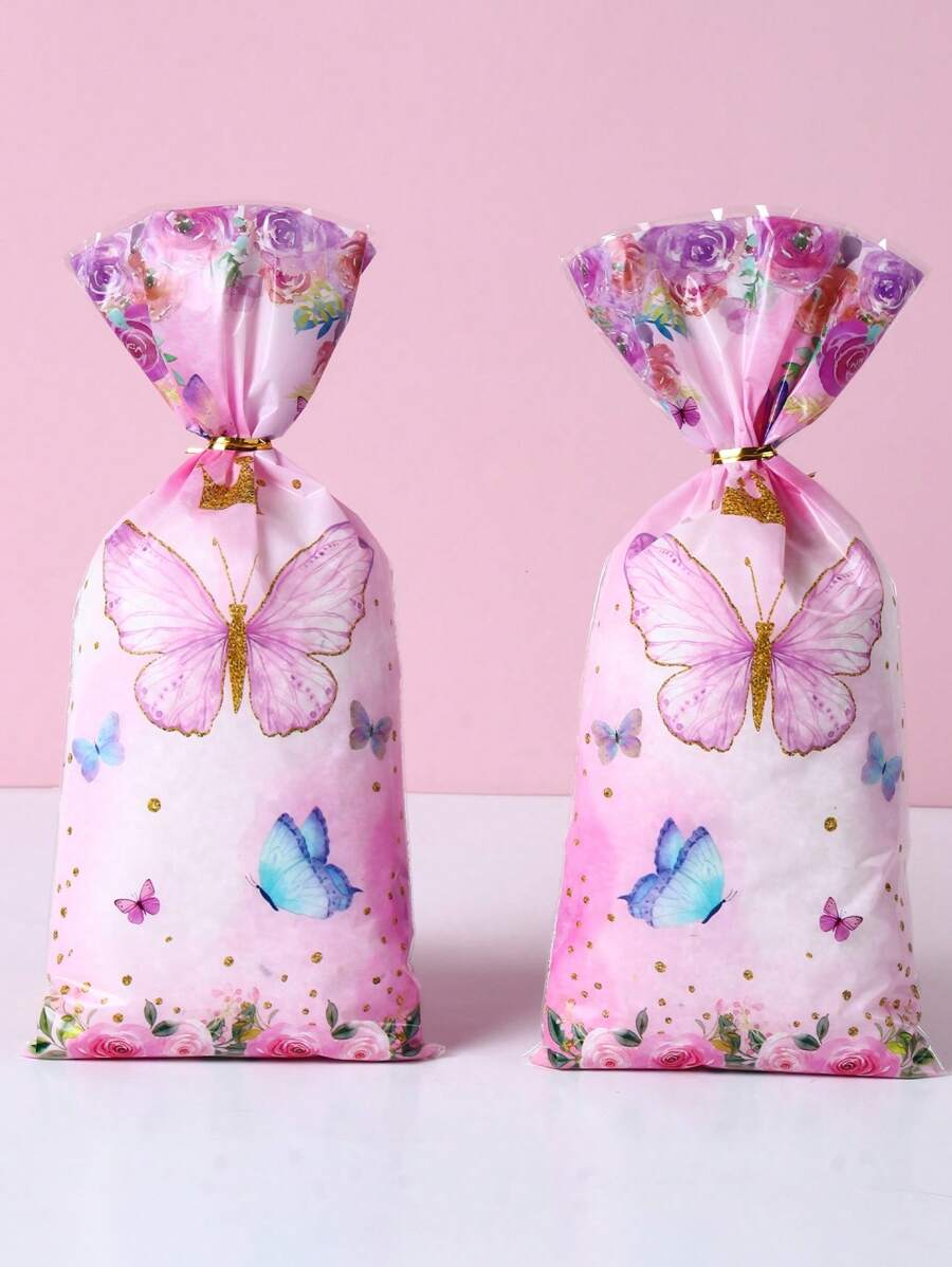 50入組皇冠粉色蝴蝶禮品袋，塑料派對禮品袋，適用於生日派對