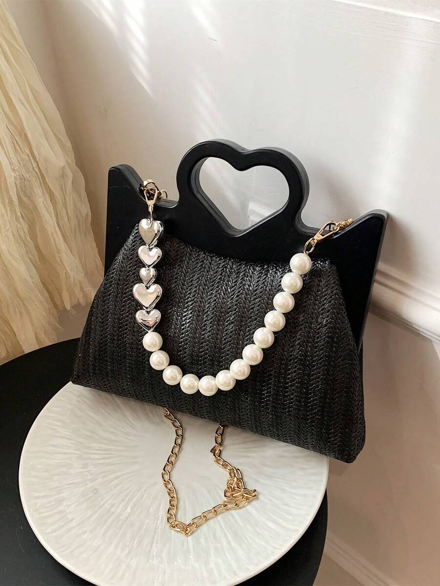 Bolsa de mimbre con cuenta con perla papel con diseño de corazón asa - Negro - Ver 1