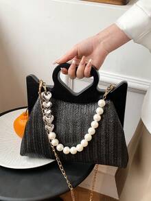 Bolsa de mimbre con cuenta con perla papel con diseño de corazón asa - Negro - Ver 4