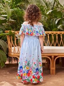 SHEIN Toddler Girls Striped & Floral Print Cold Shoulder Ruffle Trim Overlay Romper - Multicolor - View 2