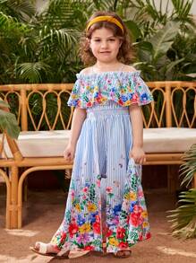 SHEIN Toddler Girls Striped & Floral Print Cold Shoulder Ruffle Trim Overlay Romper - Multicolor - View 3