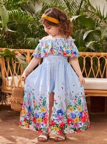 SHEIN Toddler Girls Striped & Floral Print Cold Shoulder Ruffle Trim Overlay Romper - Multicolor - View 5