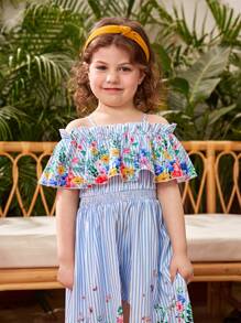 SHEIN Toddler Girls Striped & Floral Print Cold Shoulder Ruffle Trim Overlay Romper - Multicolor - View 6