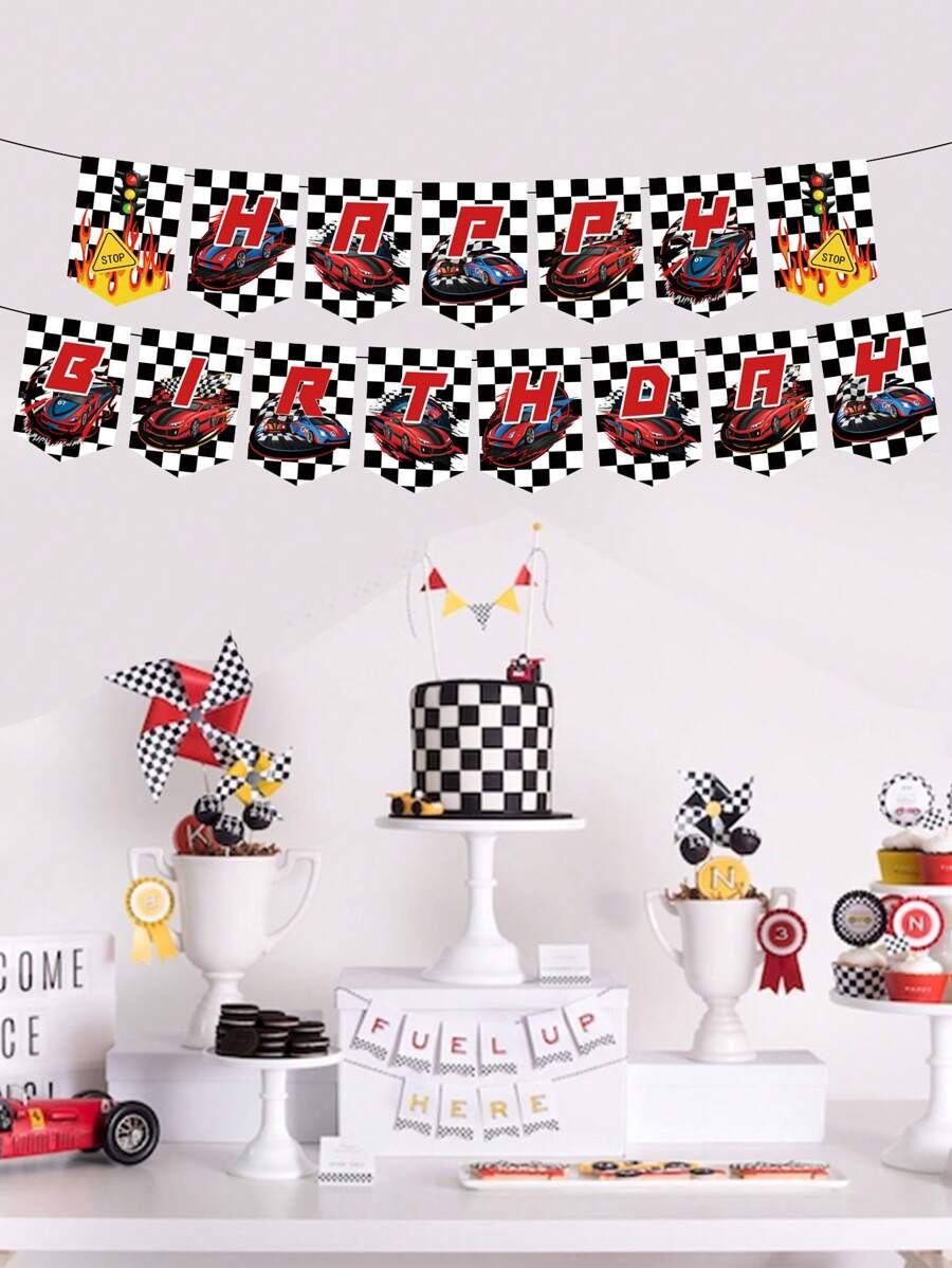 15pcs/set Paper Hanging Flag, Cartoon Racing Car & Letter Graphic Pull Flag For Birthday Party - Multicolor - View 1
