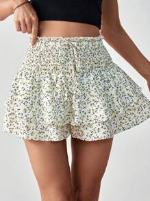 SHEIN Essnce Quần đùi nữ phân lớp Dải chun Họa tiết hoa Boho - Nhiều màu - Xem 3