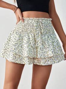 SHEIN Essnce Quần đùi nữ phân lớp Dải chun Họa tiết hoa Boho - Nhiều màu - Xem 5