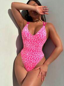 Swim SXY 豹纹露背吊带连体泳衣，随机印花夏季 - 玫紅色 - 查看 1