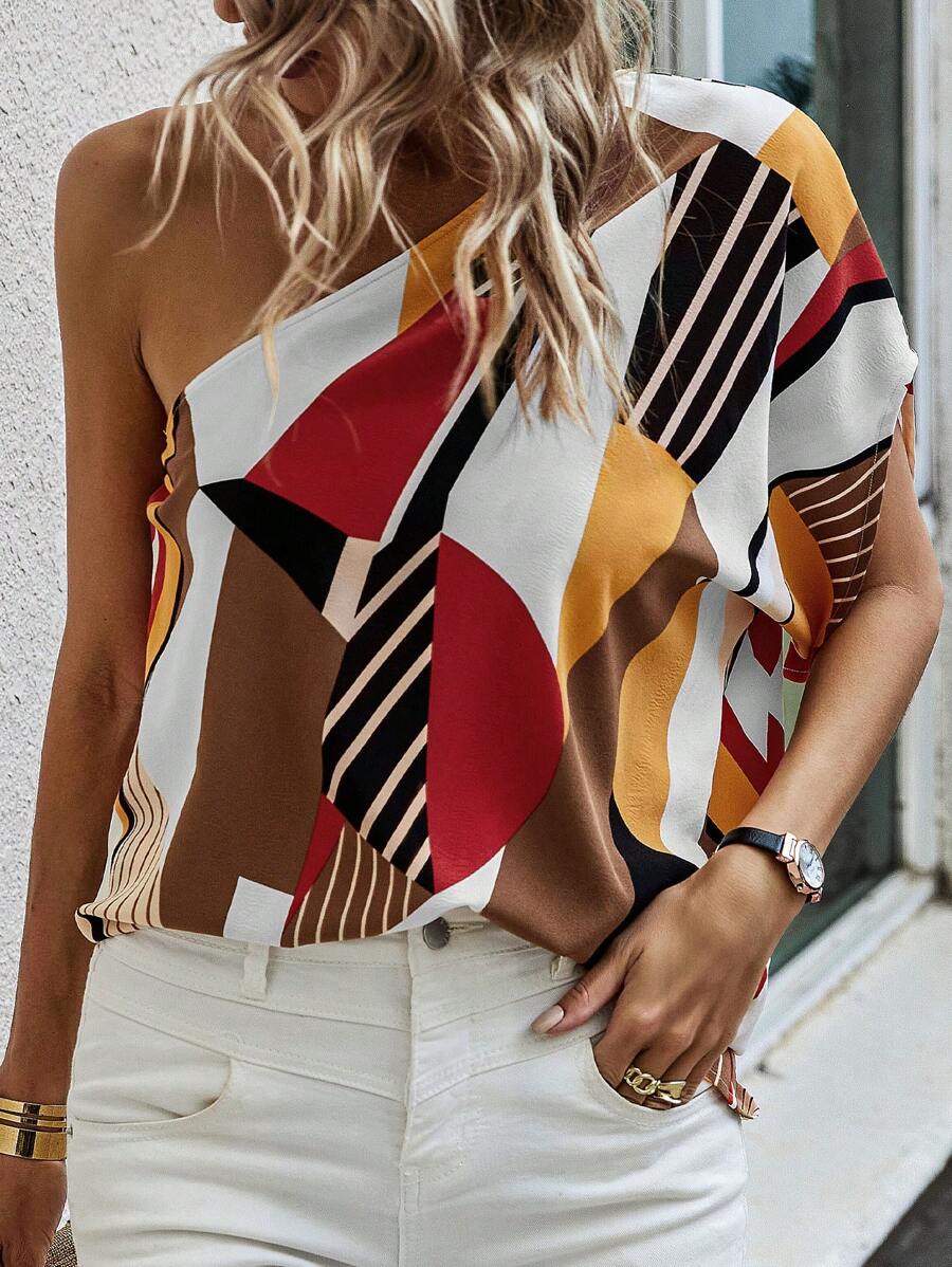SHEIN LUNE Blusa con estampado geométrico de un hombro de manga murciélago - Amarillo - Ver 1