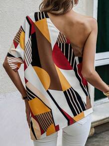 SHEIN LUNE Blusa con estampado geométrico de un hombro de manga murciélago - Amarillo - Ver 2