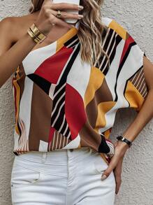 SHEIN LUNE Blusa con estampado geométrico de un hombro de manga murciélago - Amarillo - Ver 5