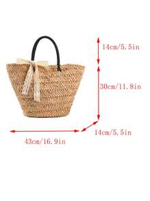 大容量草編包雙把手絲巾裝飾 - 卡其色 - 查看 3