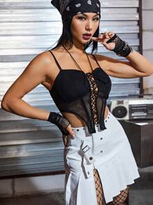 ROMWE PUNK Lace Up Front Asymmetrical Hem Cami Top