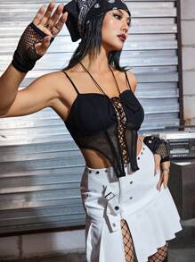 ROMWE PUNK Lace Up Front Asymmetrical Hem Cami Top