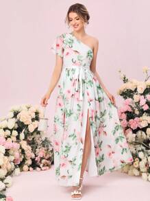 SHEIN Belle 1入組印花單肩高衩腰帶伴娘連衣裙 - 彩色 - 查看 5