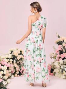 SHEIN Belle 1入組印花單肩高衩腰帶伴娘連衣裙 - 彩色 - 查看 4