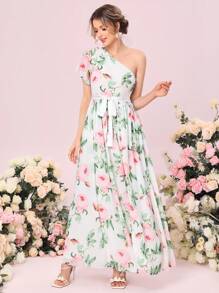 SHEIN Belle 1入組印花單肩高衩腰帶伴娘連衣裙 - 彩色 - 查看 3