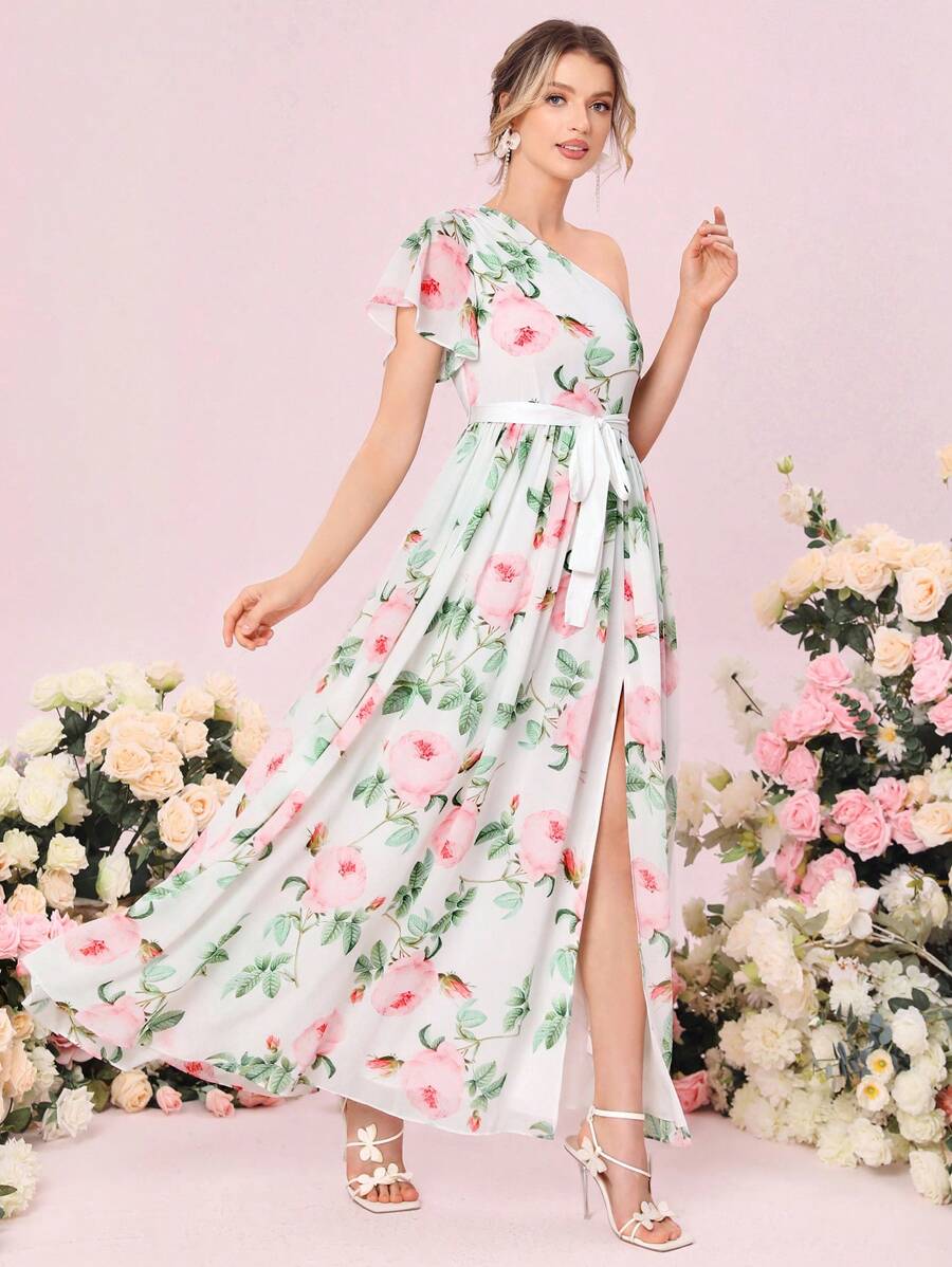 SHEIN Belle 1入組印花單肩高衩腰帶伴娘連衣裙 - 彩色 - 查看 1