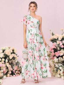 SHEIN Belle 1入組印花單肩高衩腰帶伴娘連衣裙 - 彩色 - 查看 6