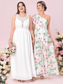 SHEIN Belle 1入組印花單肩高衩腰帶伴娘連衣裙 - 彩色 - 查看 2