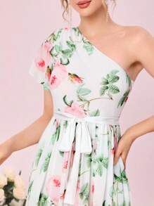 SHEIN Belle 1入組印花單肩高衩腰帶伴娘連衣裙 - 彩色 - 查看 9