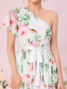 SHEIN Belle 1入組印花單肩高衩腰帶伴娘連衣裙 - 彩色 - 查看 10