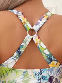 Swim Lushoire Tropical Print Ruffle Hem Tankini Summer Beach - Multicolor - View 5