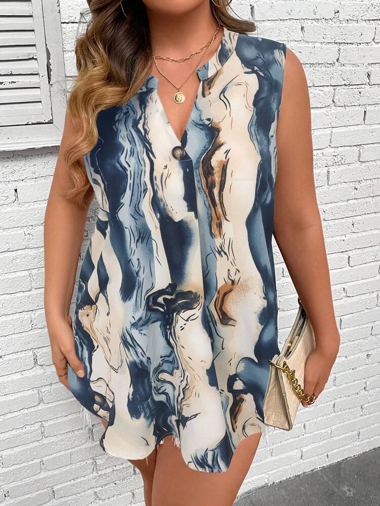 Plus Marble Print Notched Neckline Curved Hem Sleeveless Blouse