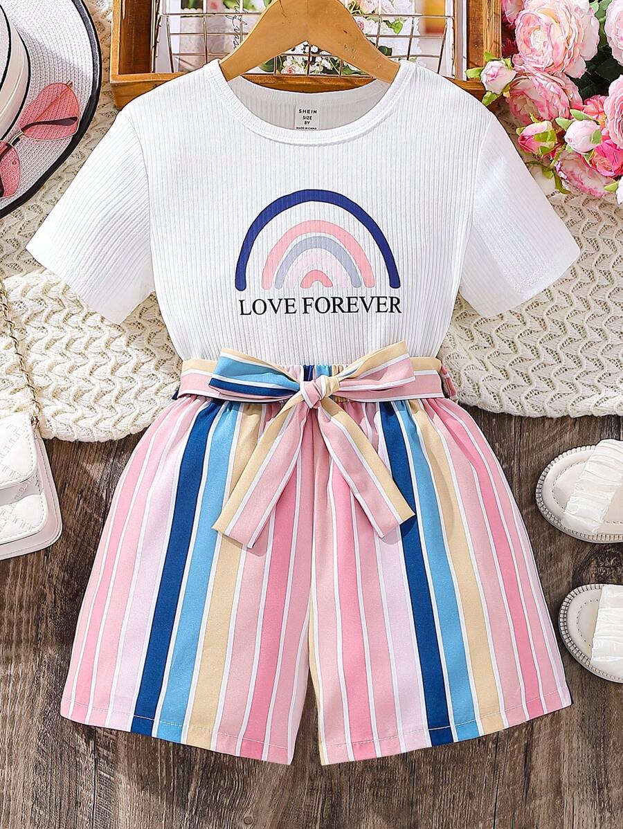 女孩字母圖案T恤和塊狀條紋附腰帶短褲 - 彩色 - 查看 1