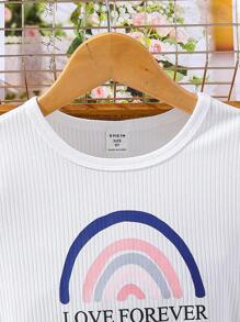 女孩字母圖案T恤和塊狀條紋附腰帶短褲 - 彩色 - 查看 7