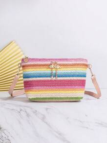 Mini Straw Bag Stripe Pattern Rhinestone Detail - Multicolor - View 1