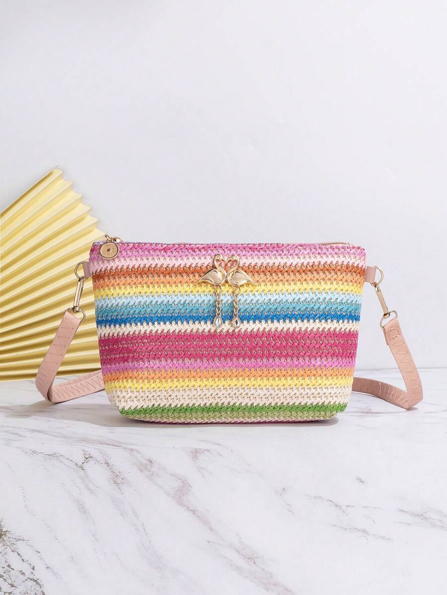 Mini Straw Bag Stripe Pattern Rhinestone Detail - Multicolor - View 1