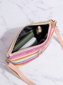 Mini Straw Bag Stripe Pattern Rhinestone Detail - Multicolor - View 3