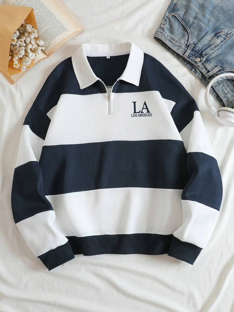 INAWLY Colourblock Letter Print Quarter Zip Drop Shoulder Sweatshirt - Blue and White - View 1