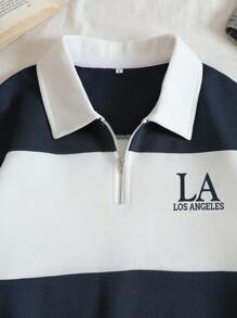 INAWLY Colourblock Letter Print Quarter Zip Drop Shoulder Sweatshirt - Blue and White - View 5