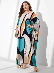 Al Najma Vestido de manga murciélago con estampa gráfica de talla grande - Multicolor - Ver 3