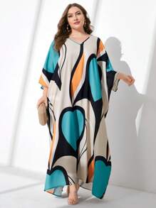 Al Najma Vestido de manga murciélago con estampa gráfica de talla grande - Multicolor - Ver 4