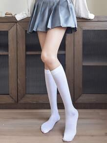 1雙女式素色簡約休閒過膝襪適合日常生活 - 白色 - 查看 1