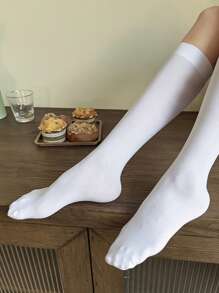 1雙女式素色簡約休閒過膝襪適合日常生活 - 白色 - 查看 3