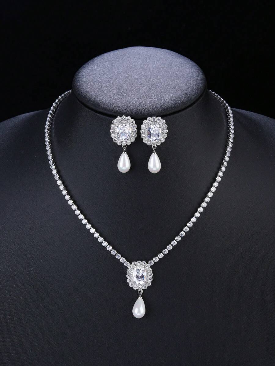 3pcs Cubic Zirconia Water-drop Decor Jewelry Set - Silver - View 1