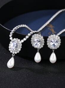 3pcs Cubic Zirconia Water-drop Decor Jewelry Set - Silver - View 2