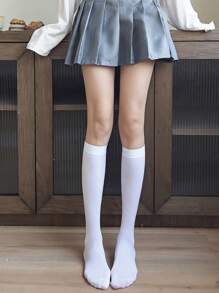 1雙女式素色簡約休閒過膝襪適合日常生活 - 白色 - 查看 5