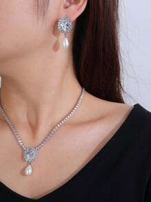 3pcs Cubic Zirconia Water-drop Decor Jewelry Set - Silver - View 4