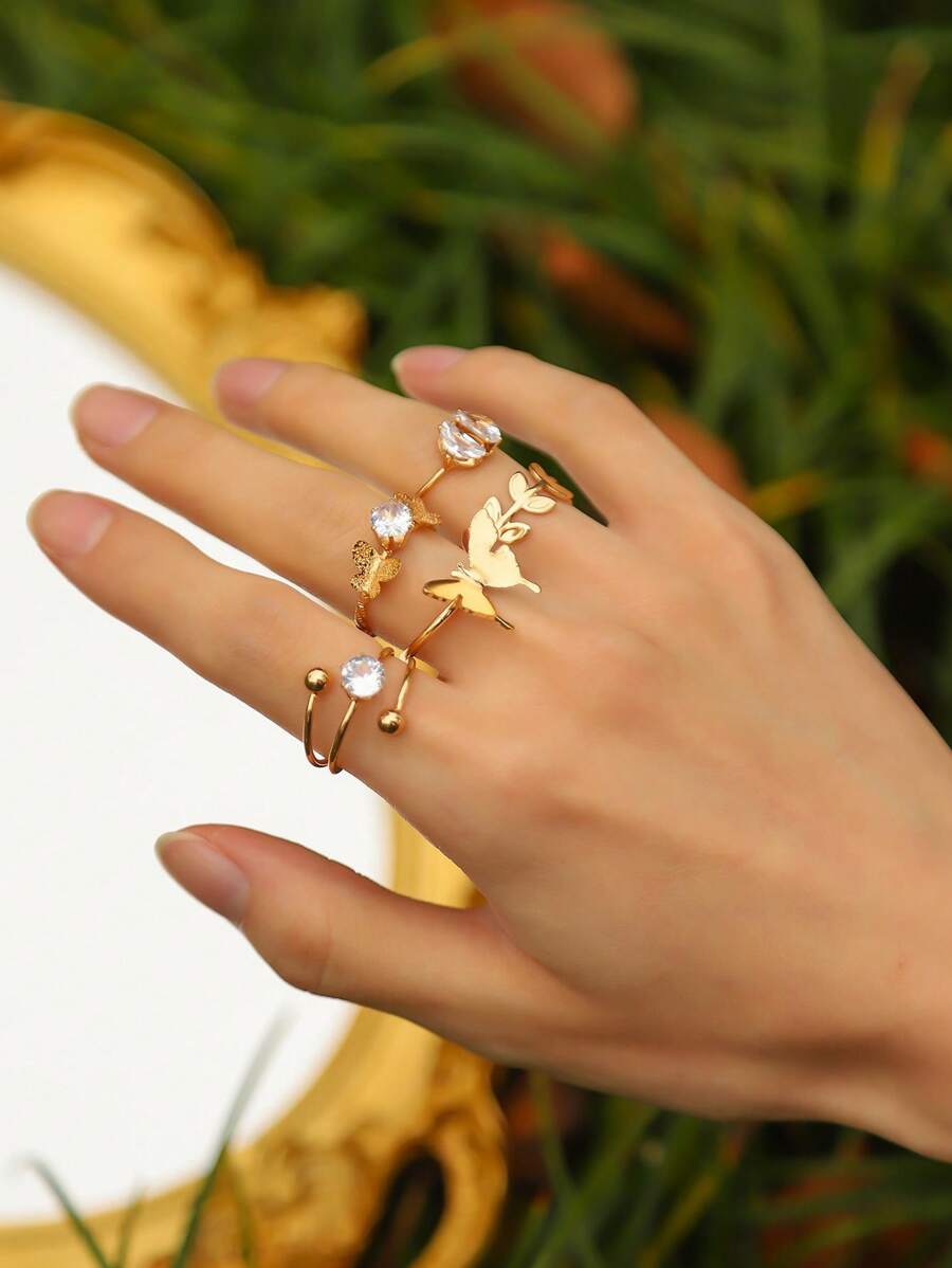 Bộ 5 chiếc/Bộ nhẫn có thể điều chỉnh hình hoa Cubic Zirconia mạ bạch kim số 2025, Thích hợp cho phụ nữ tham dự tiệc, tiệc tùng, lễ kỷ niệm, Bộ nhẫn hở hình trái tim, mặt trăng, tia chớp, hoa Zirconia đa năng, quà tặng cho bạn gái, bạn nữ, sinh nhật con gái - Vàng - Xem 1