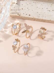 Bộ 5 chiếc/Bộ nhẫn có thể điều chỉnh hình hoa Cubic Zirconia mạ bạch kim số 2025, Thích hợp cho phụ nữ tham dự tiệc, tiệc tùng, lễ kỷ niệm, Bộ nhẫn hở hình trái tim, mặt trăng, tia chớp, hoa Zirconia đa năng, quà tặng cho bạn gái, bạn nữ, sinh nhật con gái - Vàng - Xem 2