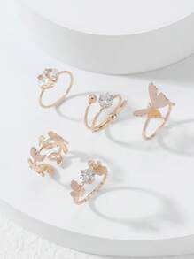 Bộ 5 chiếc/Bộ nhẫn có thể điều chỉnh hình hoa Cubic Zirconia mạ bạch kim số 2025, Thích hợp cho phụ nữ tham dự tiệc, tiệc tùng, lễ kỷ niệm, Bộ nhẫn hở hình trái tim, mặt trăng, tia chớp, hoa Zirconia đa năng, quà tặng cho bạn gái, bạn nữ, sinh nhật con gái - Vàng - Xem 3