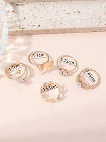 Bộ 5 chiếc/Bộ nhẫn có thể điều chỉnh hình hoa Cubic Zirconia mạ bạch kim số 2025, Thích hợp cho phụ nữ tham dự tiệc, tiệc tùng, lễ kỷ niệm, Bộ nhẫn hở hình trái tim, mặt trăng, tia chớp, hoa Zirconia đa năng, quà tặng cho bạn gái, bạn nữ, sinh nhật con gái - Vàng - Xem 4